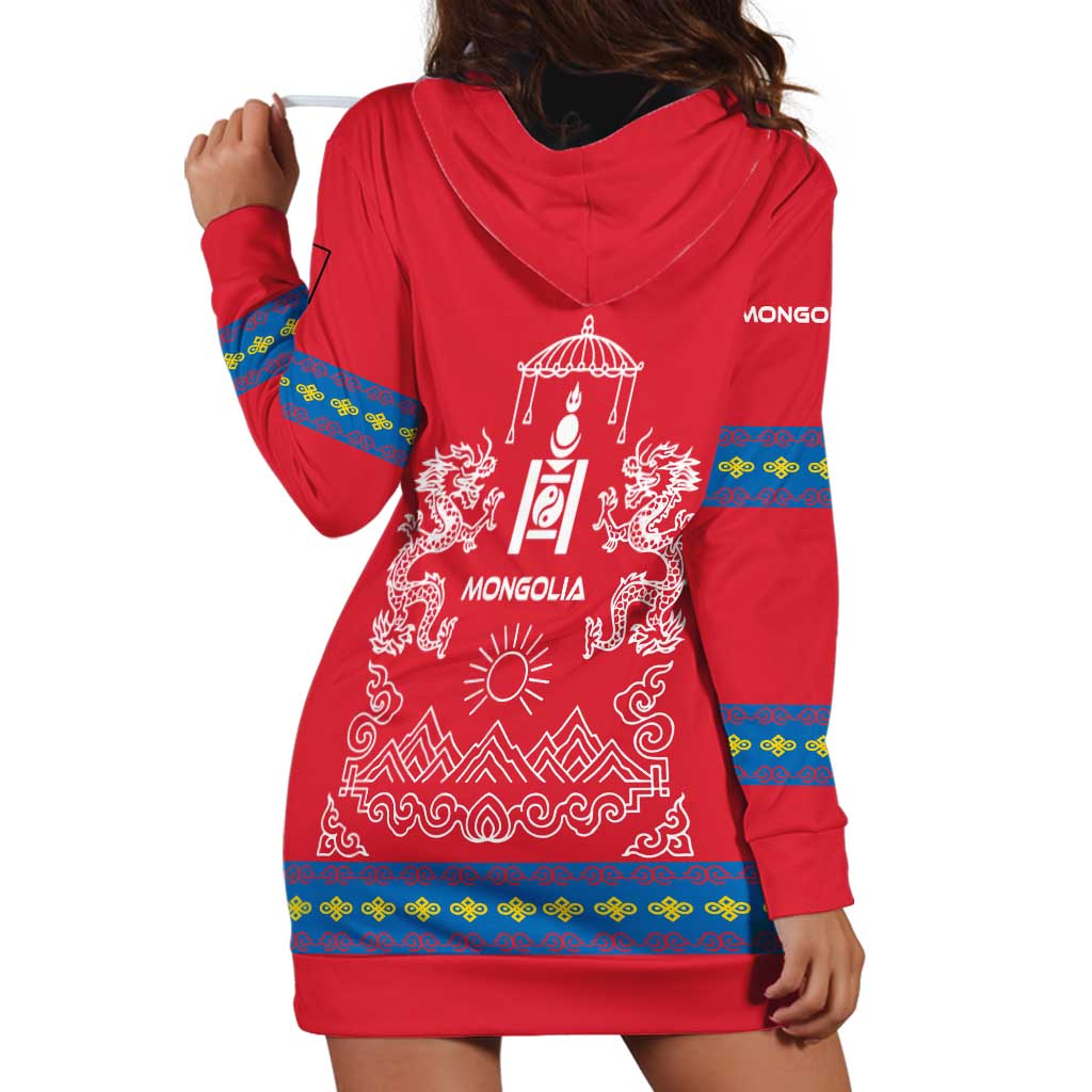 Mongolia Hoodie Dress with Soyombo Dragon Sun Red Blue Tradition Spirit
