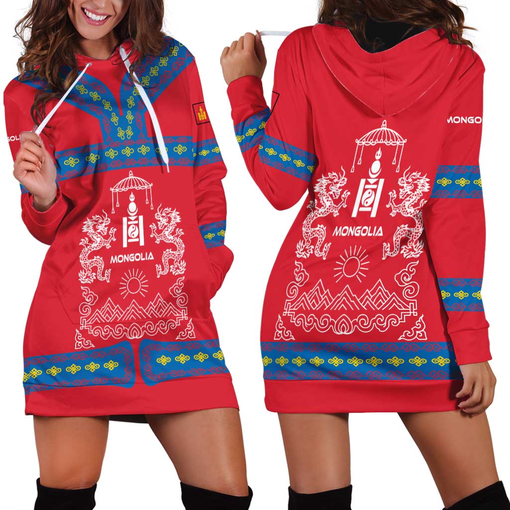 Mongolia Hoodie Dress with Soyombo Dragon Sun Red Blue Tradition Spirit