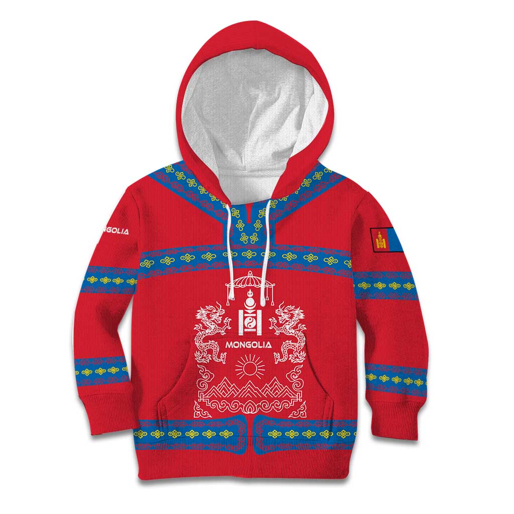 Mongolia Kid Hoodie with Soyombo Dragon Sun Red Blue Tradition Spirit