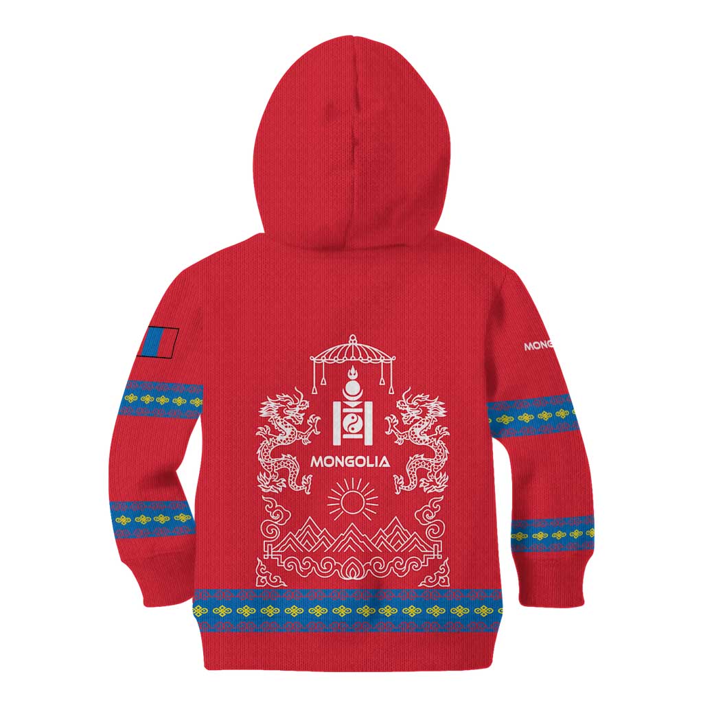 Mongolia Kid Hoodie with Soyombo Dragon Sun Red Blue Tradition Spirit