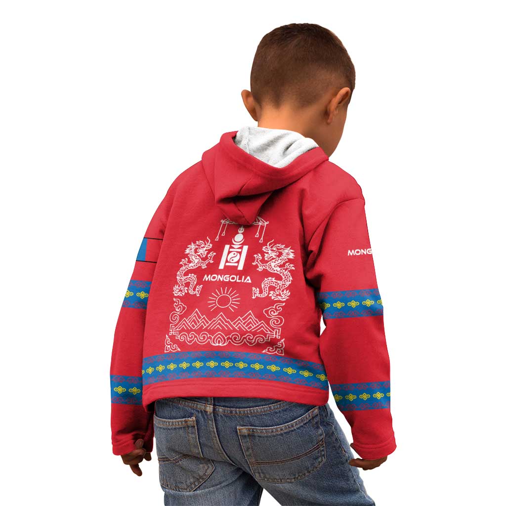 Mongolia Kid Hoodie with Soyombo Dragon Sun Red Blue Tradition Spirit