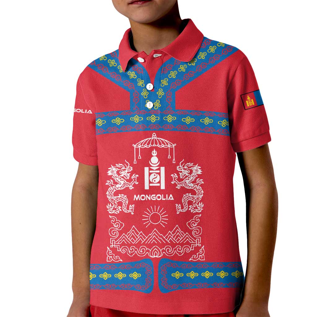 Mongolia Kid Polo Shirt with Soyombo Dragon Sun Red Blue Tradition Spirit