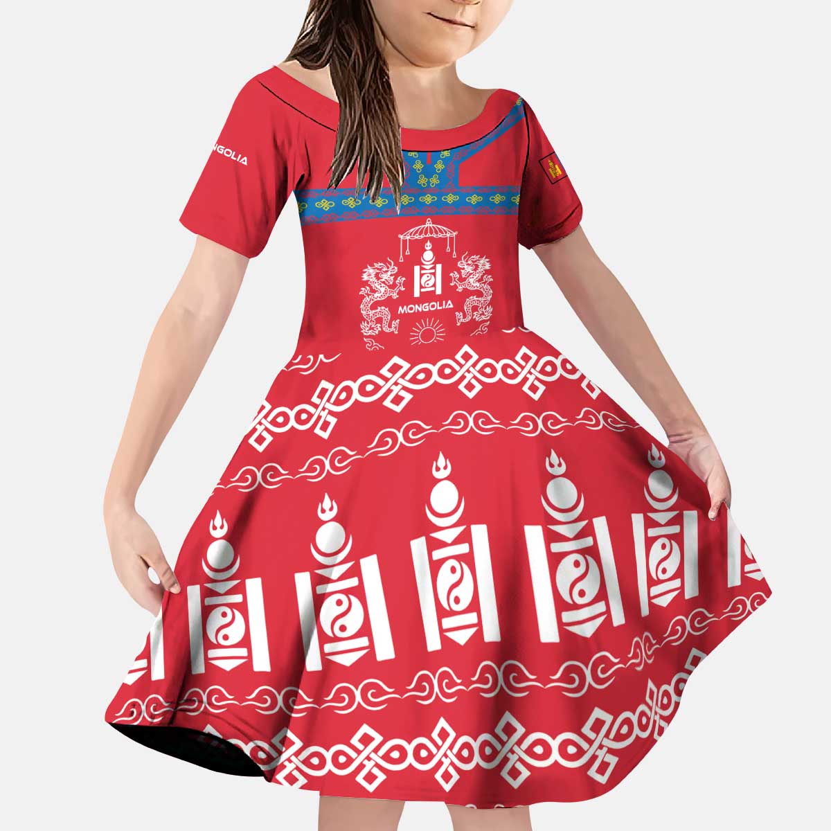 Mongolia Kid Short Sleeve Dress with Soyombo Dragon Sun Red Blue Tradition Spirit