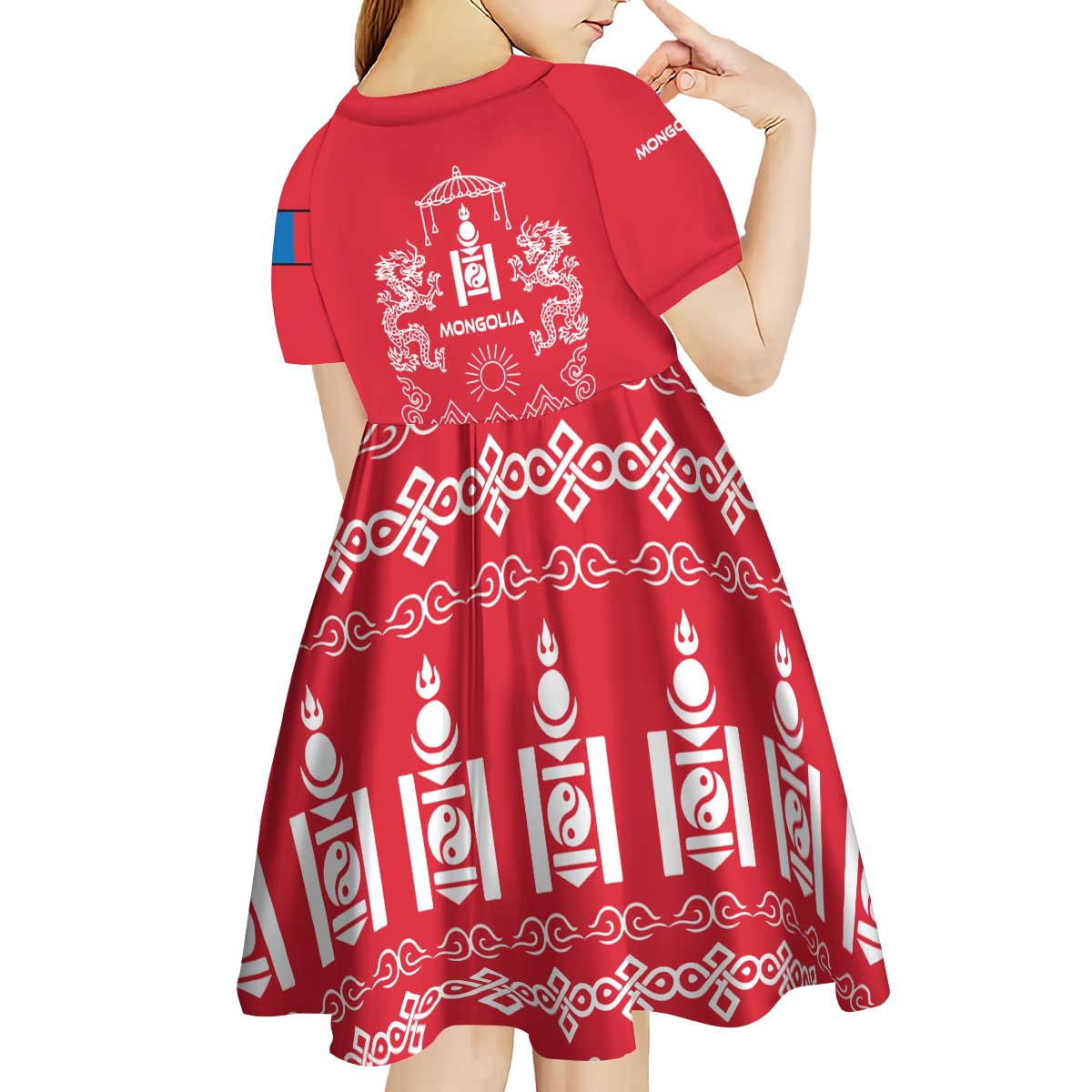 Mongolia Kid Short Sleeve Dress with Soyombo Dragon Sun Red Blue Tradition Spirit