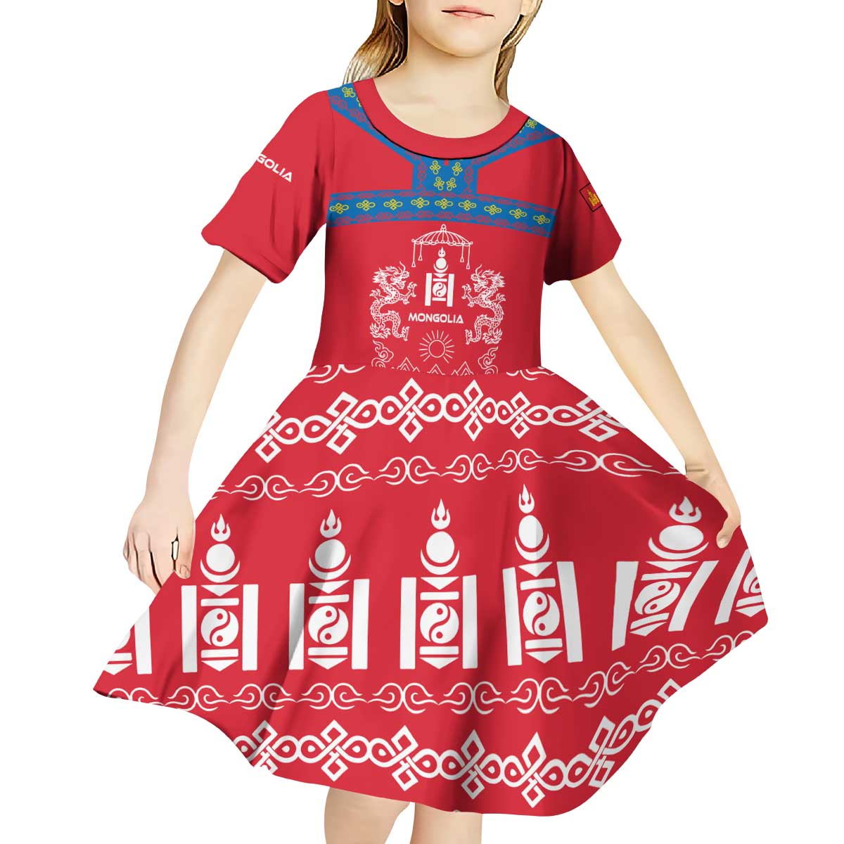 Mongolia Kid Short Sleeve Dress with Soyombo Dragon Sun Red Blue Tradition Spirit