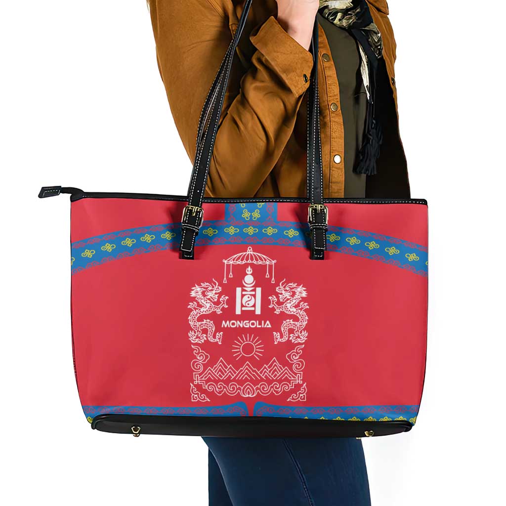 Mongolia Leather Tote Bag with Soyombo Dragon Sun Red Blue Tradition Spirit
