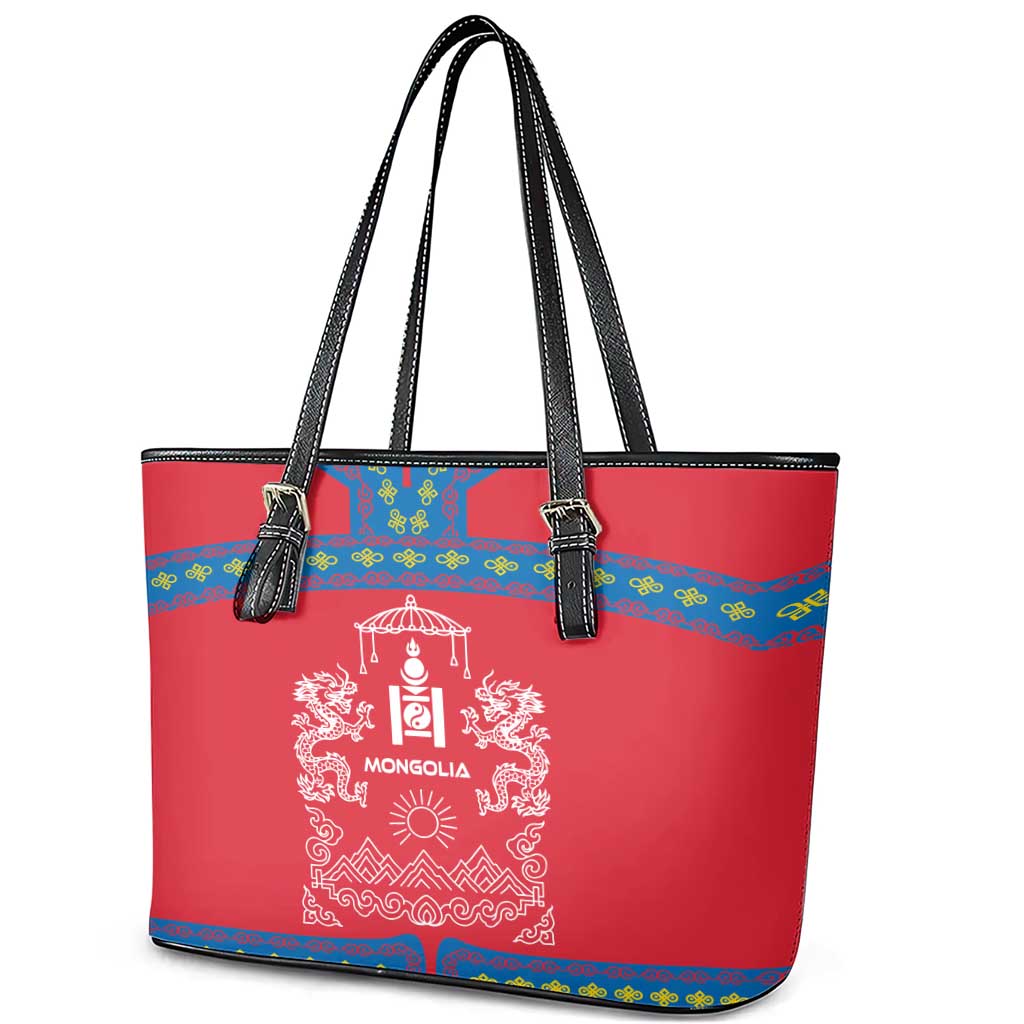 Mongolia Leather Tote Bag with Soyombo Dragon Sun Red Blue Tradition Spirit