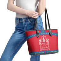 Mongolia Leather Tote Bag with Soyombo Dragon Sun Red Blue Tradition Spirit