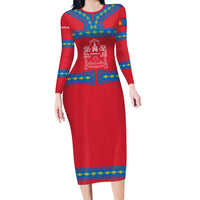 Mongolia Long Sleeve Bodycon Dress with Soyombo Dragon Sun Red Blue Tradition Spirit
