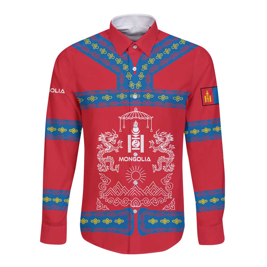 Mongolia Long Sleeve Button Shirt with Soyombo Dragon Sun Red Blue Tradition Spirit