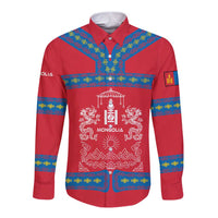 Mongolia Long Sleeve Button Shirt with Soyombo Dragon Sun Red Blue Tradition Spirit