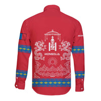 Mongolia Long Sleeve Button Shirt with Soyombo Dragon Sun Red Blue Tradition Spirit