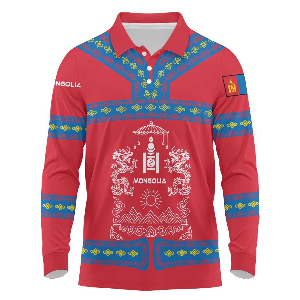 Mongolia Long Sleeve Polo Shirt with Soyombo Dragon Sun Red Blue Tradition Spirit