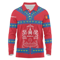 Mongolia Long Sleeve Polo Shirt with Soyombo Dragon Sun Red Blue Tradition Spirit