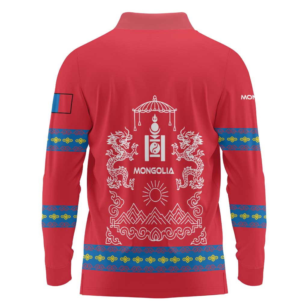 Mongolia Long Sleeve Polo Shirt with Soyombo Dragon Sun Red Blue Tradition Spirit