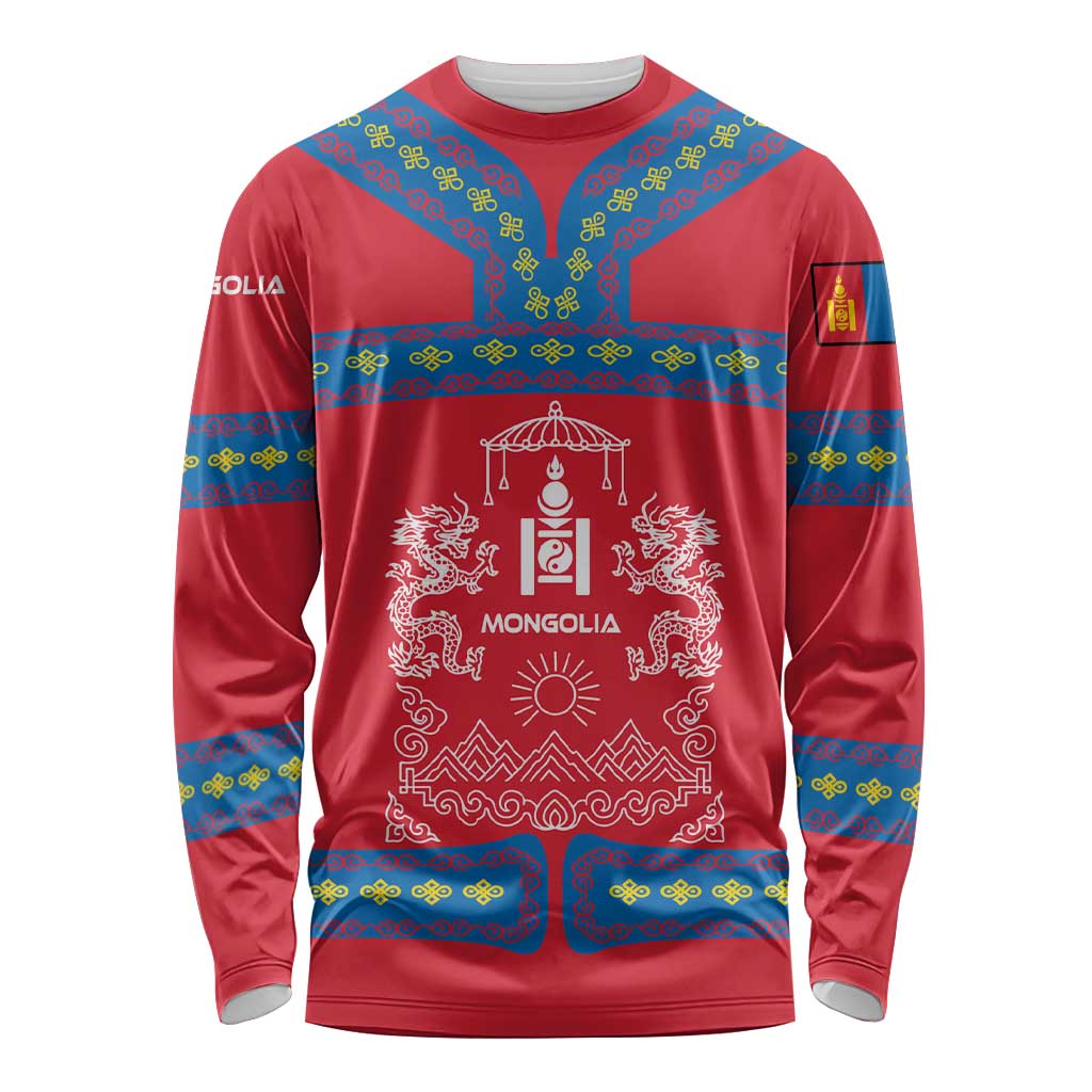 Mongolia Long Sleeve Shirt with Soyombo Dragon Sun Red Blue Tradition Spirit