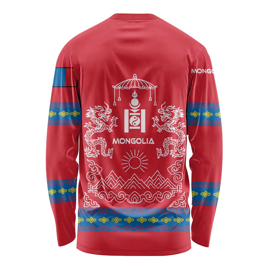 Mongolia Long Sleeve Shirt with Soyombo Dragon Sun Red Blue Tradition Spirit