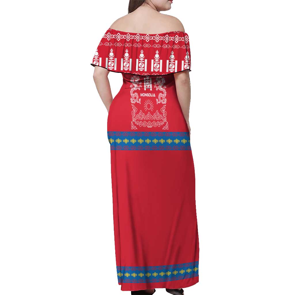 Mongolia Off Shoulder Maxi Dress with Soyombo Dragon Sun Red Blue Tradition Spirit