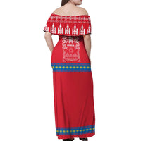Mongolia Off Shoulder Maxi Dress with Soyombo Dragon Sun Red Blue Tradition Spirit
