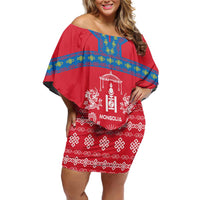 Mongolia Off Shoulder Short Dress with Soyombo Dragon Sun Red Blue Tradition Spirit