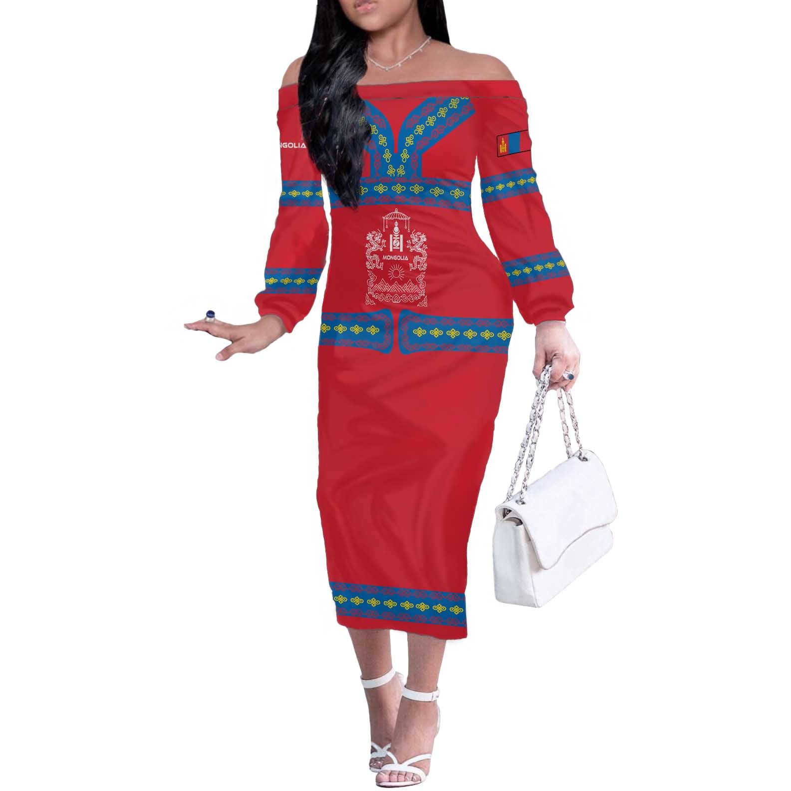 Mongolia Off The Shoulder Long Sleeve Dress with Soyombo Dragon Sun Red Blue Tradition Spirit