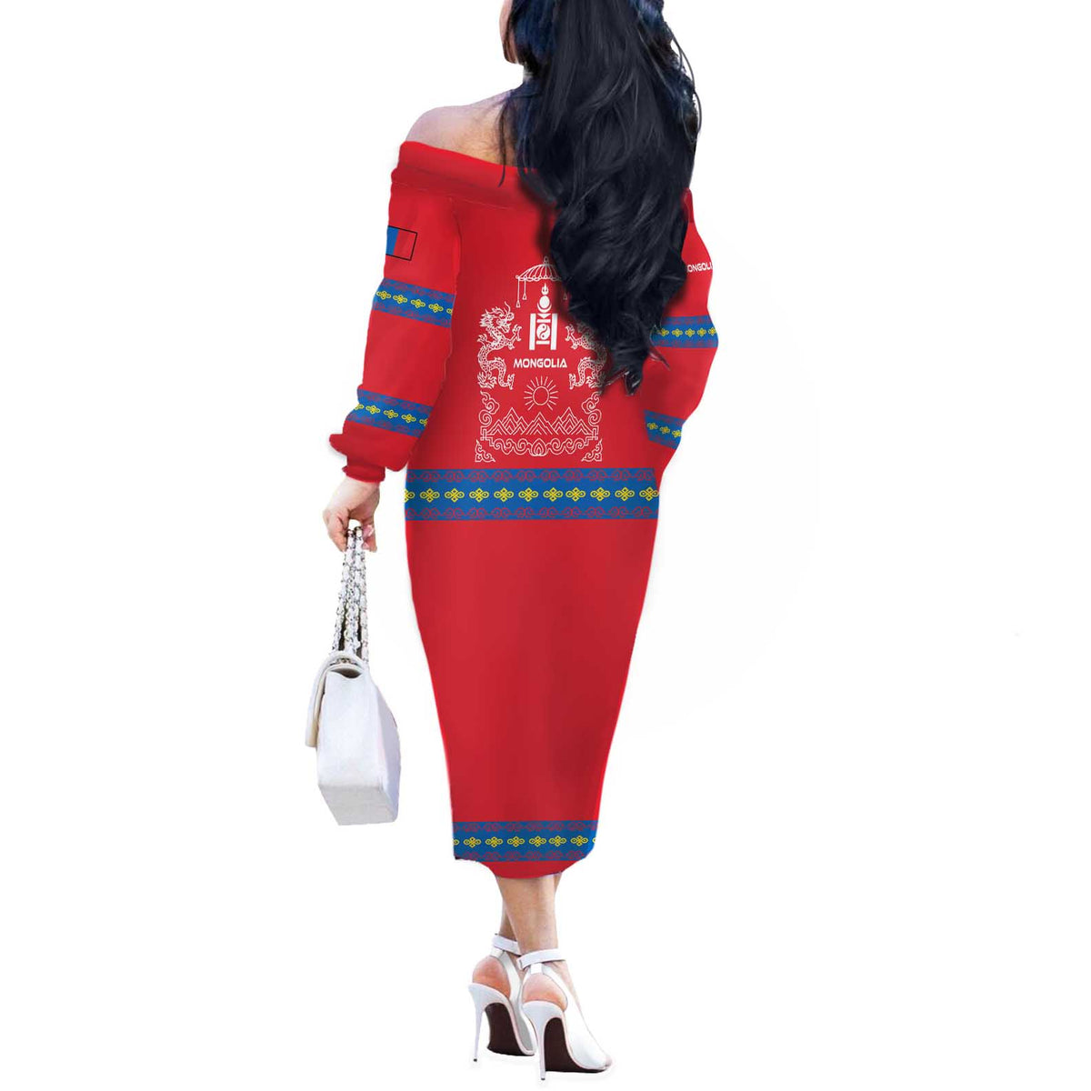 Mongolia Off The Shoulder Long Sleeve Dress with Soyombo Dragon Sun Red Blue Tradition Spirit