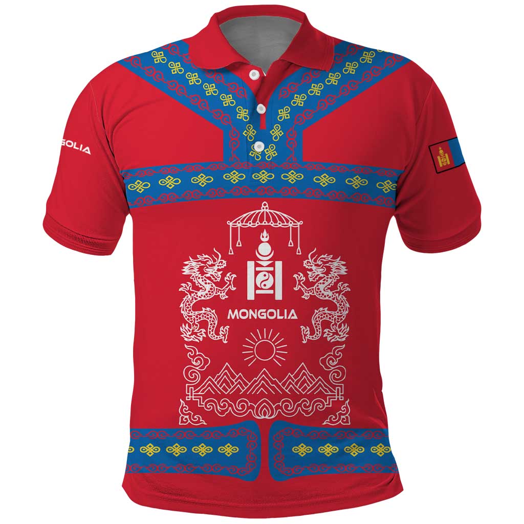 Mongolia Polo Shirt with Soyombo Dragon Sun Red Blue Tradition Spirit