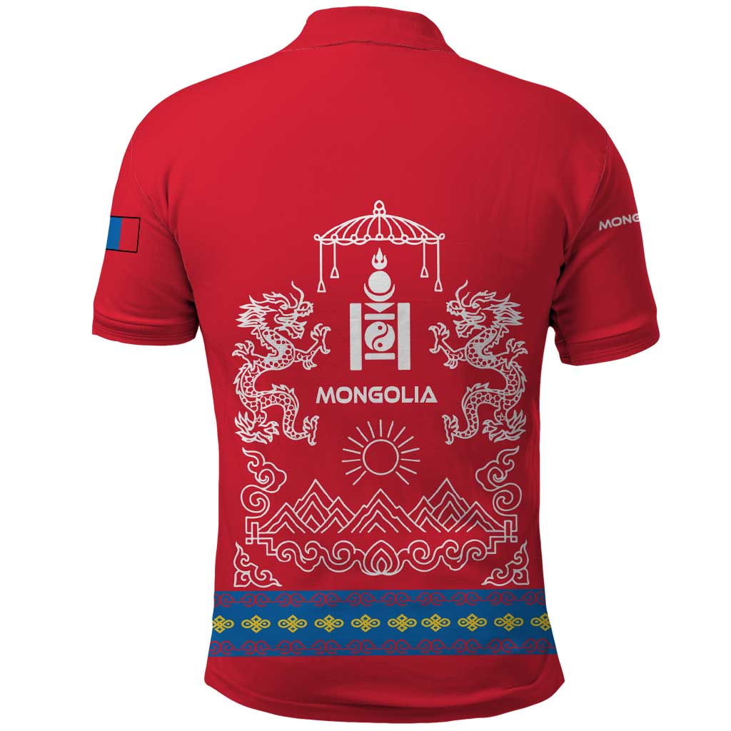 Mongolia Polo Shirt with Soyombo Dragon Sun Red Blue Tradition Spirit