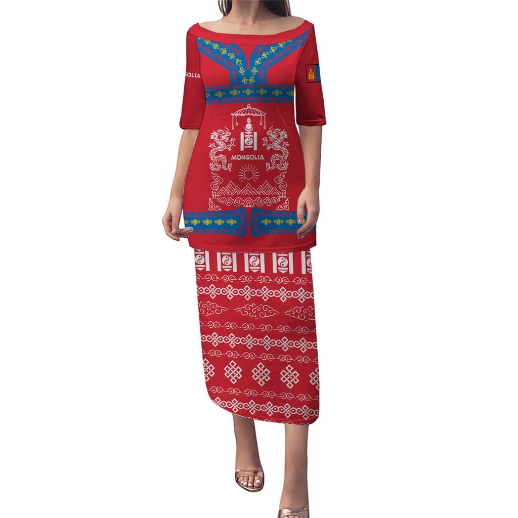 Mongolia Puletasi with Soyombo Dragon Sun Red Blue Tradition Spirit