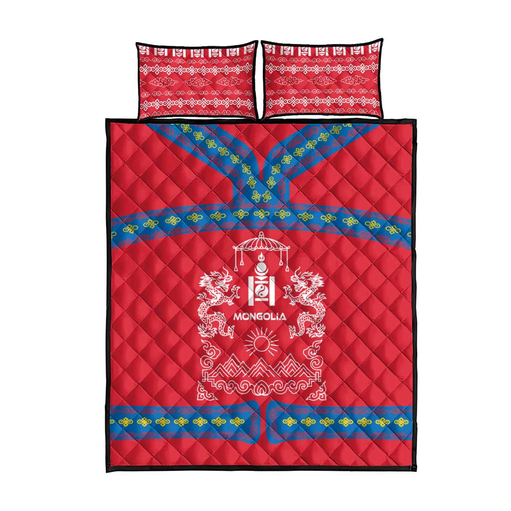 Mongolia Quilt Bed Set with Soyombo Dragon Sun Red Blue Tradition Spirit
