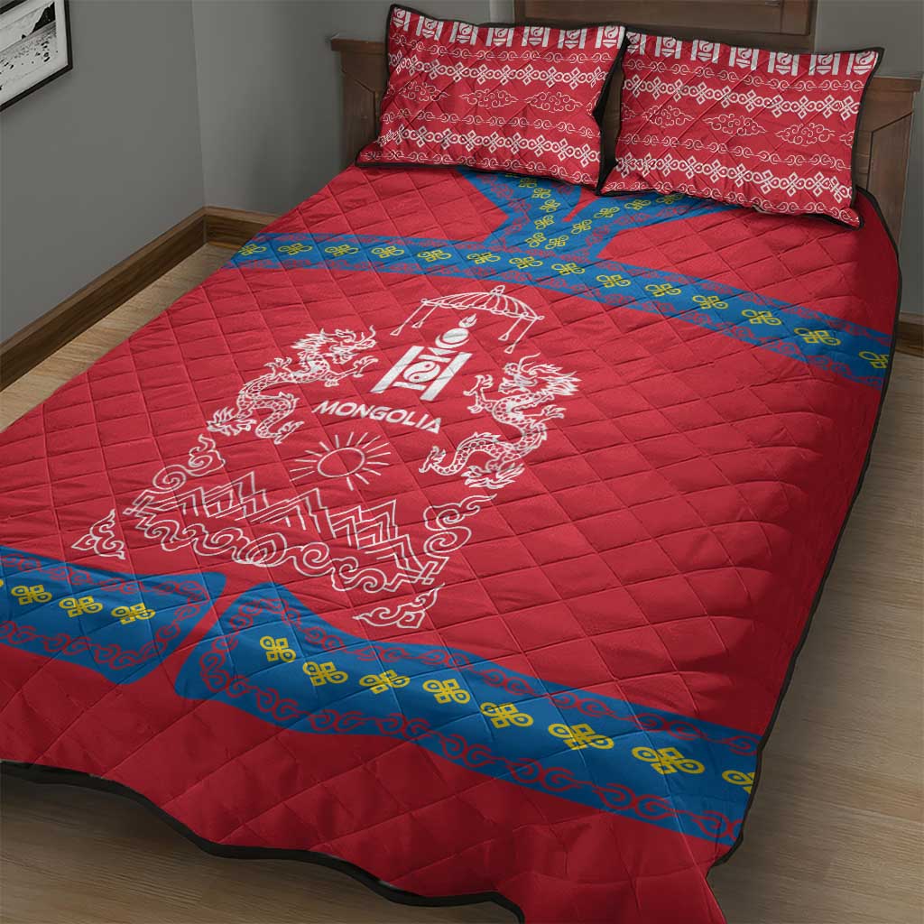Mongolia Quilt Bed Set with Soyombo Dragon Sun Red Blue Tradition Spirit