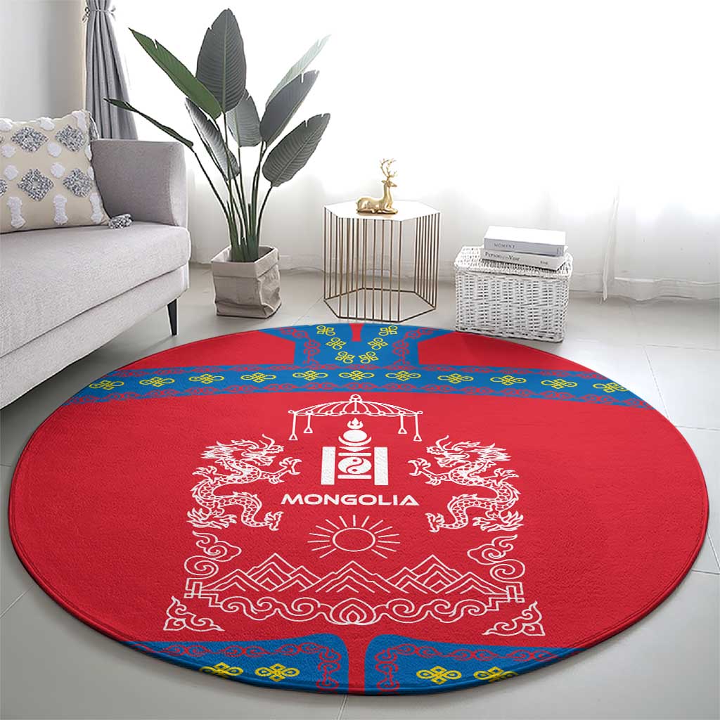 Mongolia Round Carpet with Soyombo Dragon Sun Red Blue Tradition Spirit