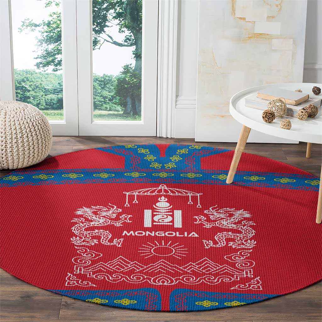 Mongolia Round Carpet with Soyombo Dragon Sun Red Blue Tradition Spirit