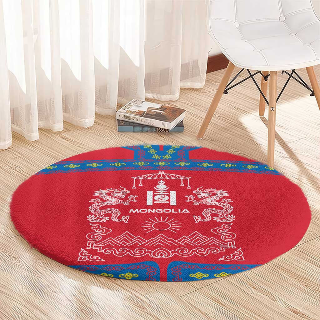 Mongolia Round Carpet with Soyombo Dragon Sun Red Blue Tradition Spirit