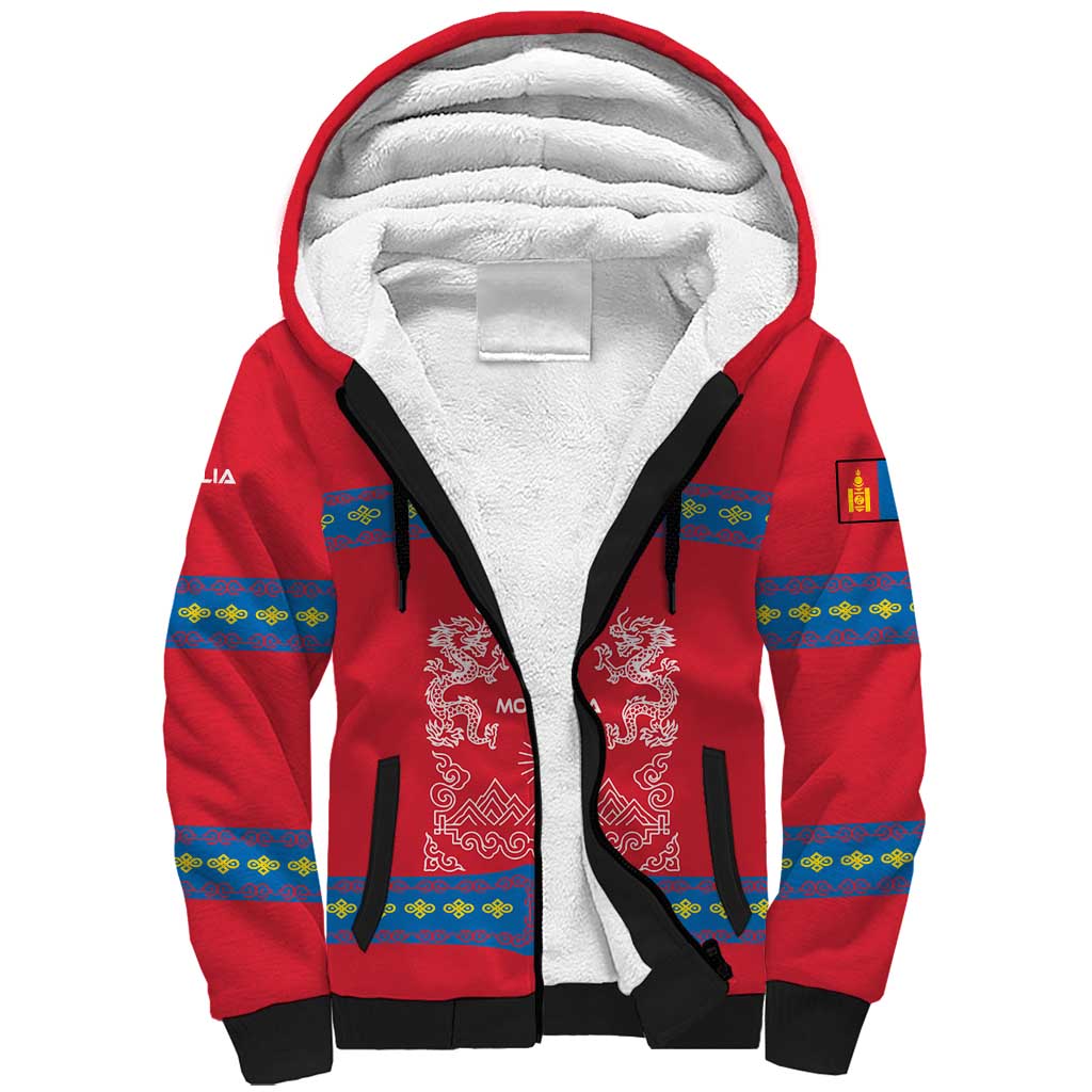 Mongolia Sherpa Hoodie with Soyombo Dragon Sun Red Blue Tradition Spirit