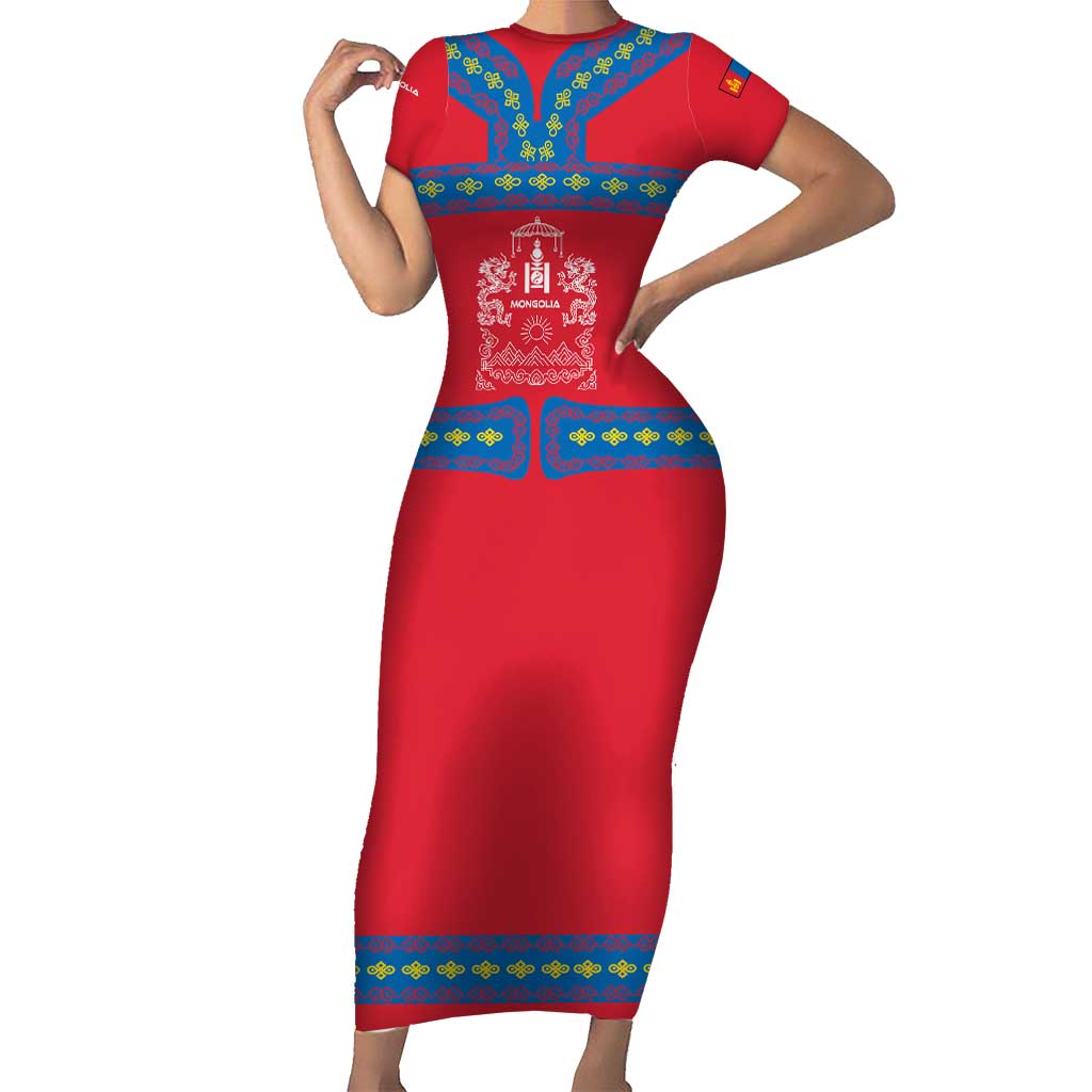 Mongolia Short Sleeve Bodycon Dress with Soyombo Dragon Sun Red Blue Tradition Spirit