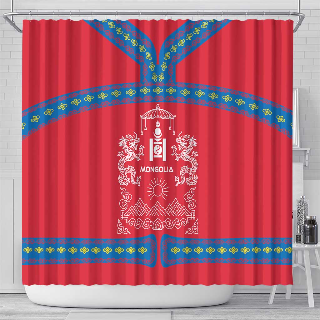 Mongolia Shower Curtain with Soyombo Dragon Sun Red Blue Tradition Spirit