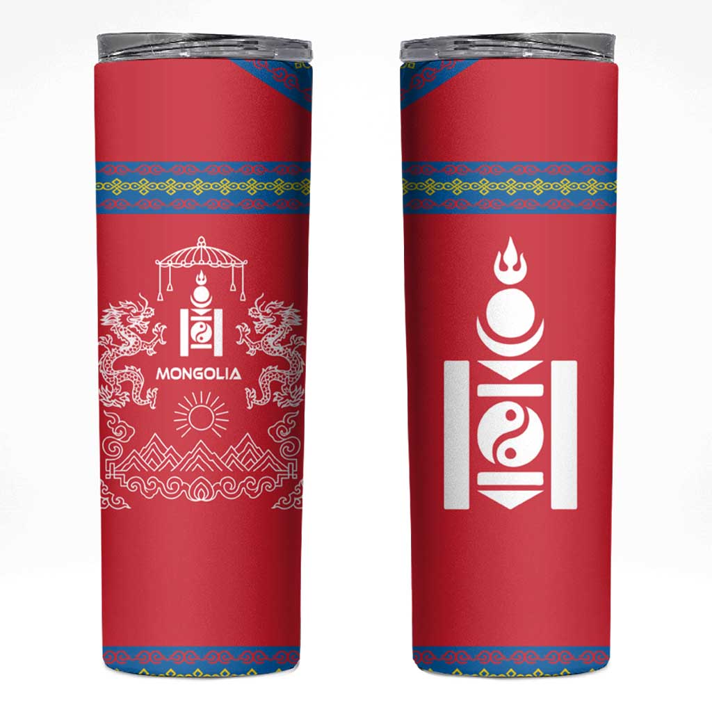 Mongolia Skinny Tumbler with Soyombo Dragon Sun Red Blue Tradition Spirit