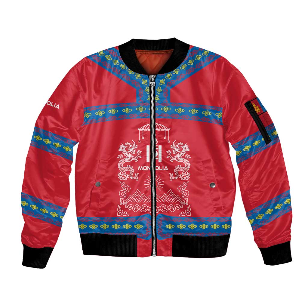 Mongolia Sleeve Zip Bomber Jacket with Soyombo Dragon Sun Red Blue Tradition Spirit