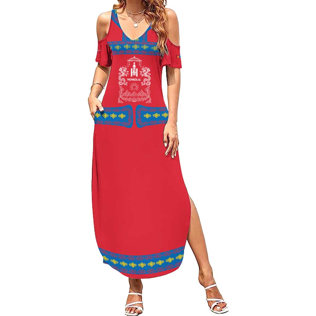 Mongolia Summer Maxi Dress with Soyombo Dragon Sun Red Blue Tradition Spirit