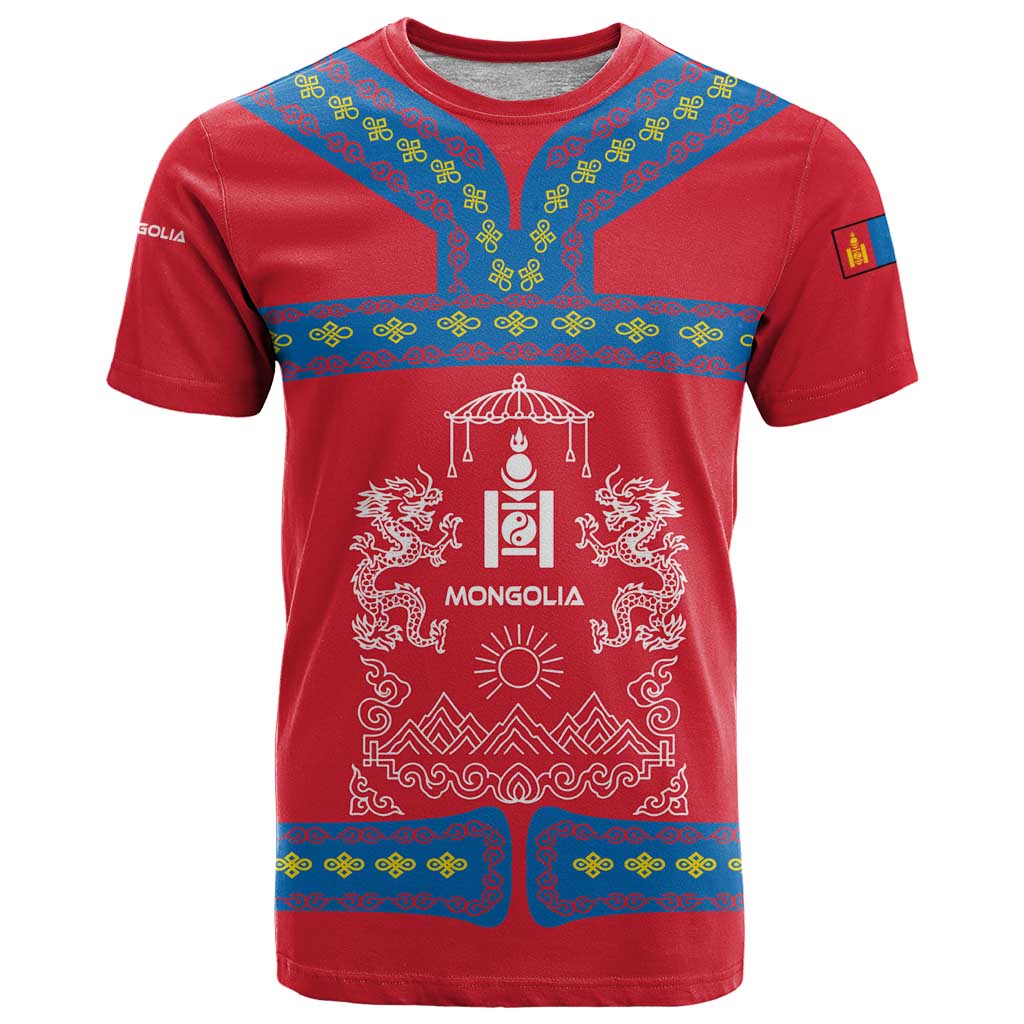 Mongolia T Shirt with Soyombo Dragon Sun Red Blue Tradition Spirit