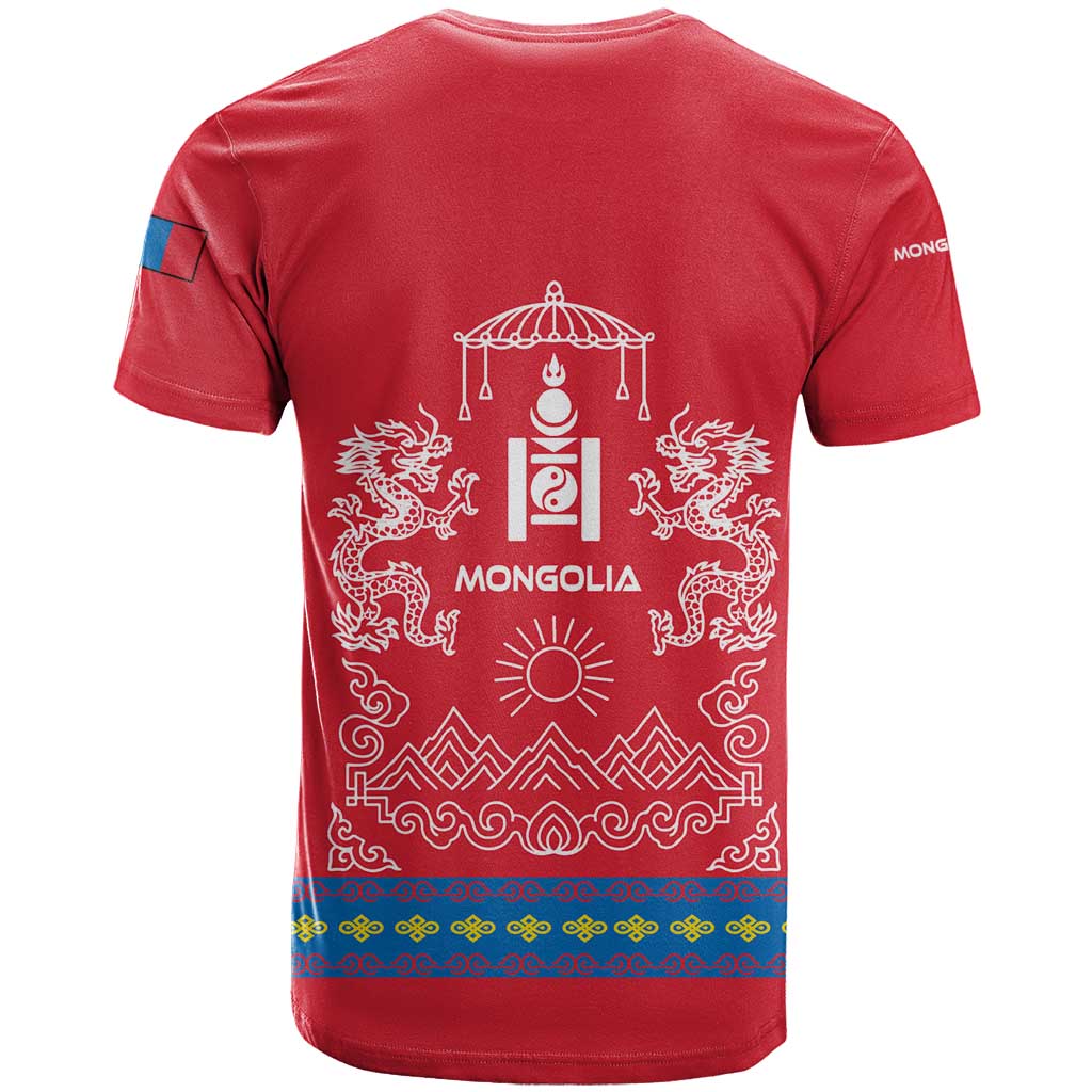 Mongolia T Shirt with Soyombo Dragon Sun Red Blue Tradition Spirit