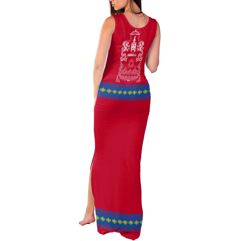 Mongolia Tank Maxi Dress with Soyombo Dragon Sun Red Blue Tradition Spirit