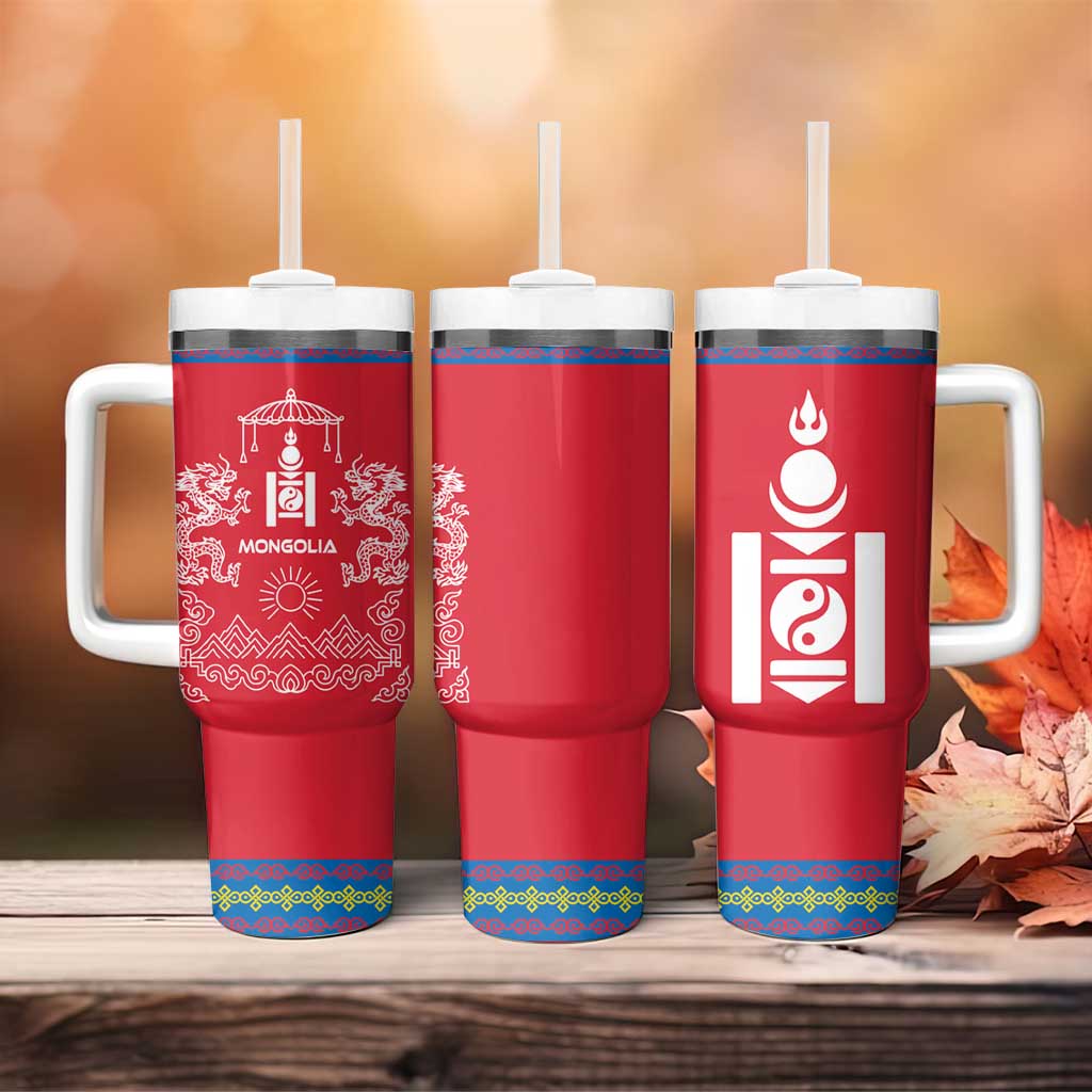 Mongolia Tumbler With Handle with Soyombo Dragon Sun Red Blue Tradition Spirit