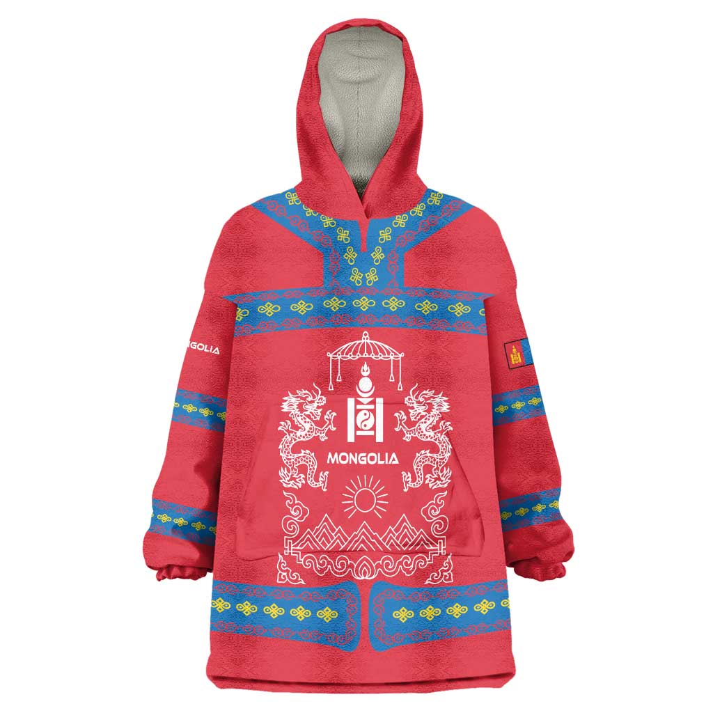 Mongolia Wearable Blanket Hoodie with Soyombo Dragon Sun Red Blue Tradition Spirit
