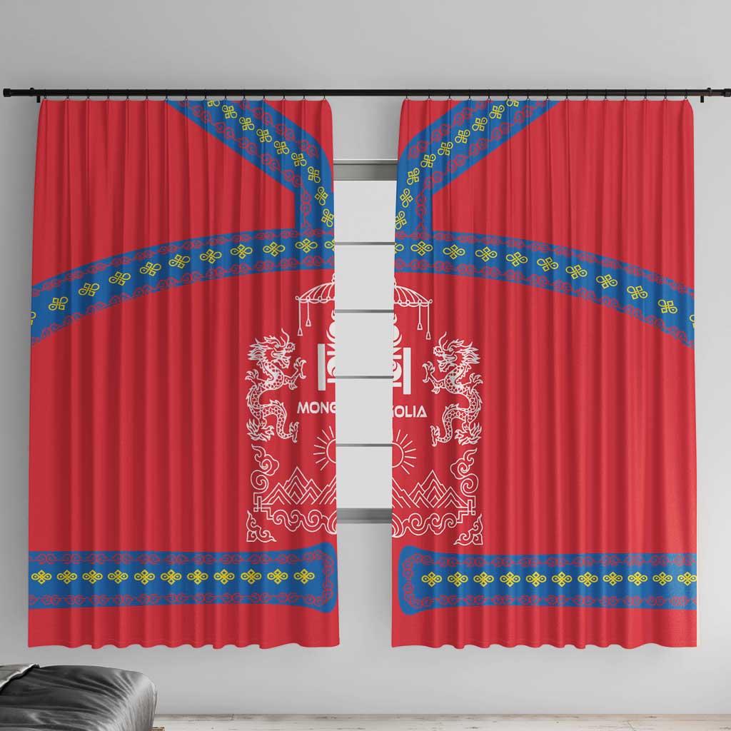 Mongolia Window Curtain with Soyombo Dragon Sun Red Blue Tradition Spirit