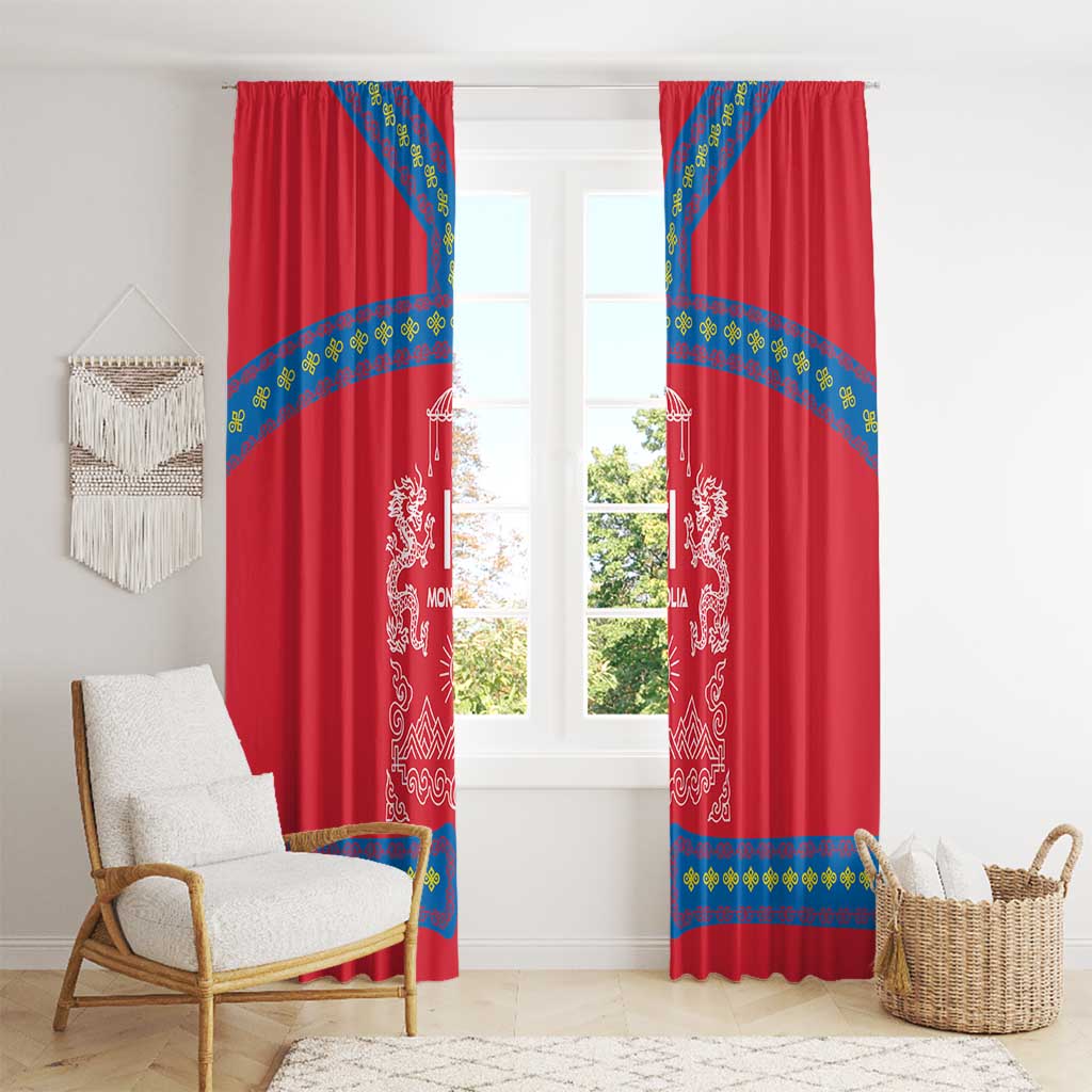 Mongolia Window Curtain with Soyombo Dragon Sun Red Blue Tradition Spirit