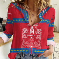 Mongolia Women Casual Shirt with Soyombo Dragon Sun Red Blue Tradition Spirit