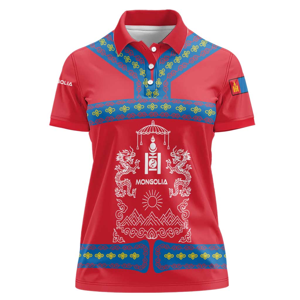 Mongolia Women Polo Shirt with Soyombo Dragon Sun Red Blue Tradition Spirit