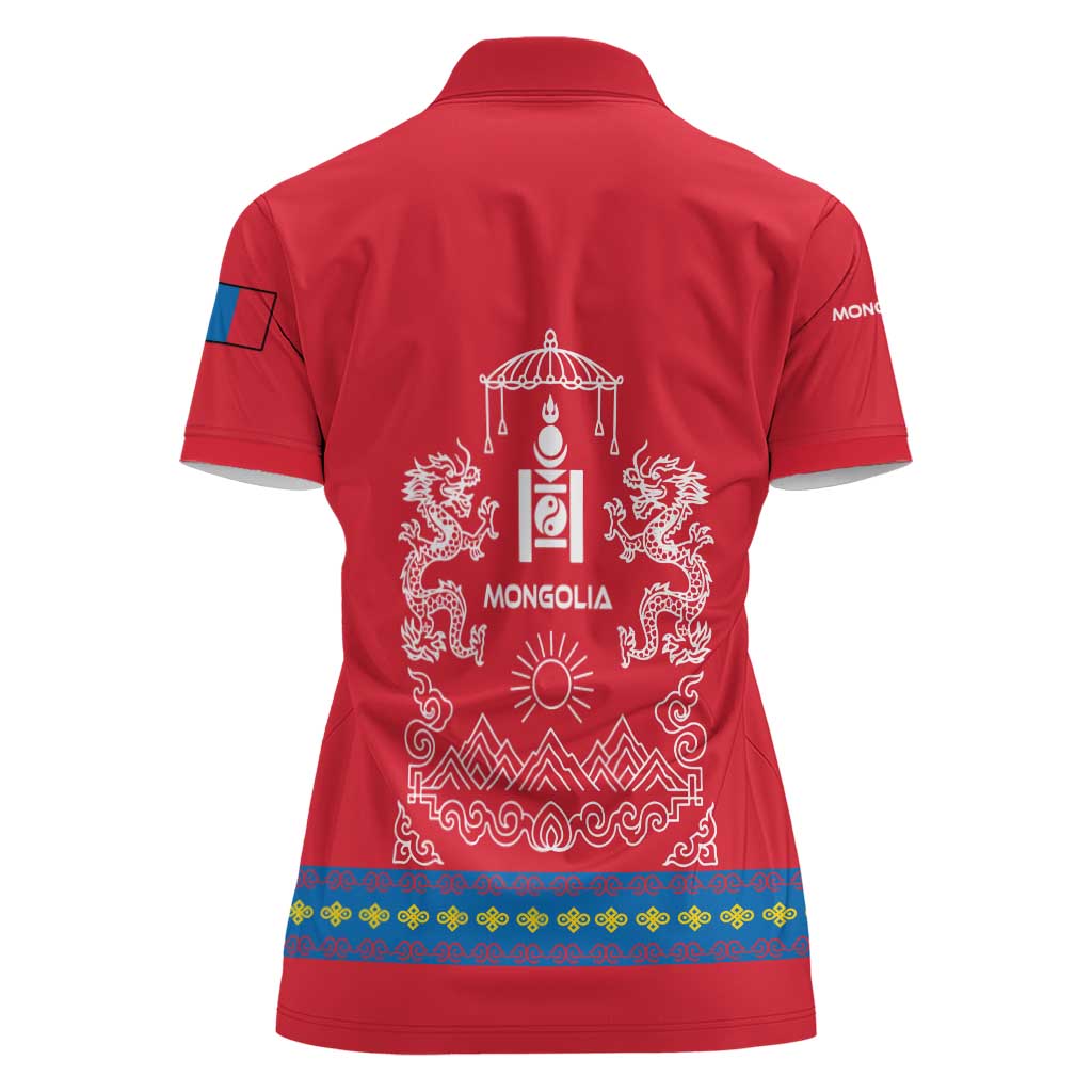 Mongolia Women Polo Shirt with Soyombo Dragon Sun Red Blue Tradition Spirit